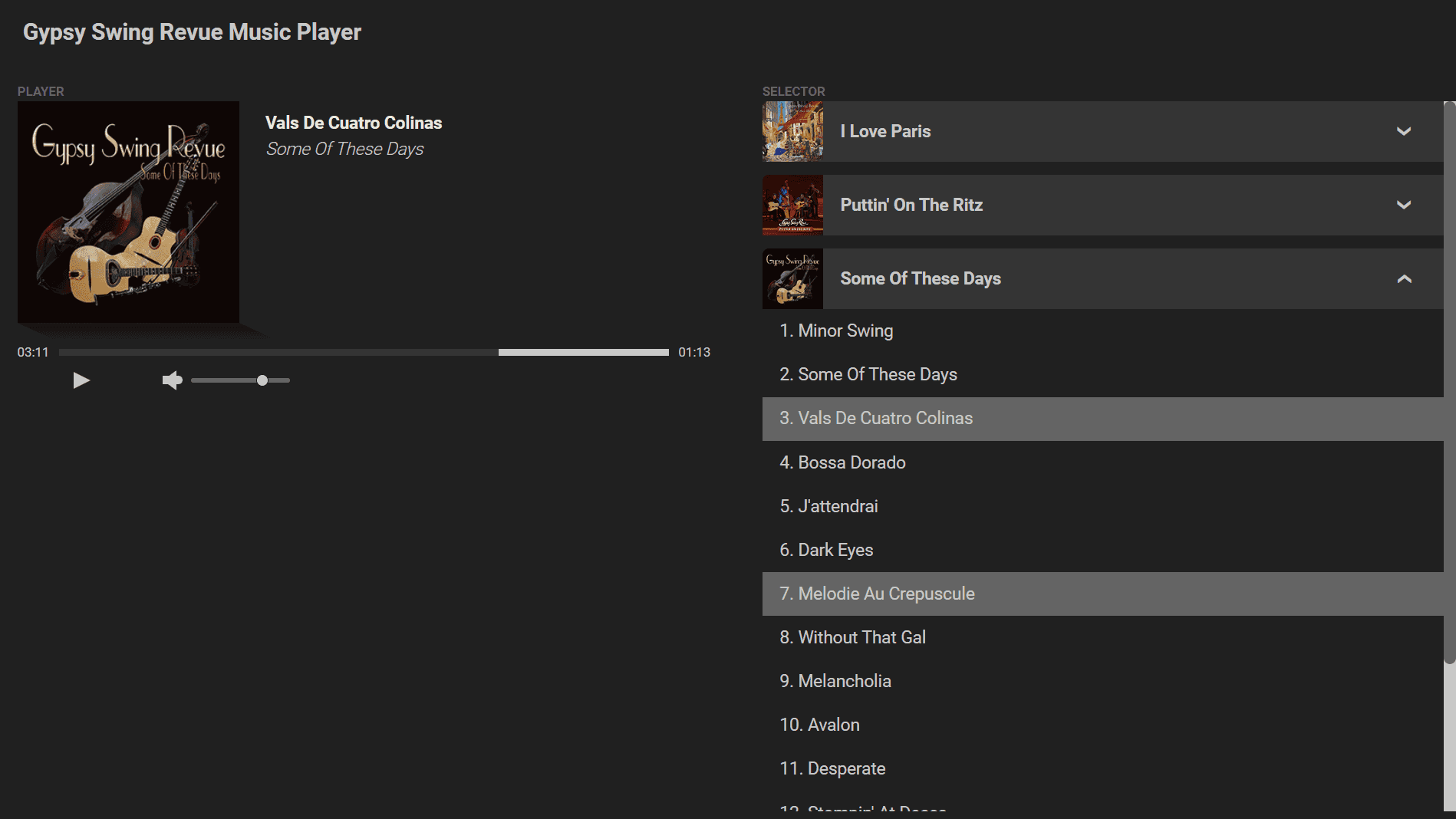 Album with reflection above player controls, song list on the side.